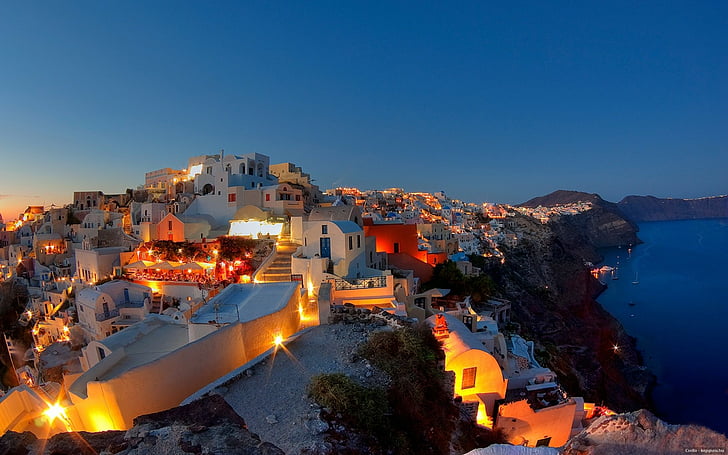 Grecia, notte, santorini, estate, Sfondo HD