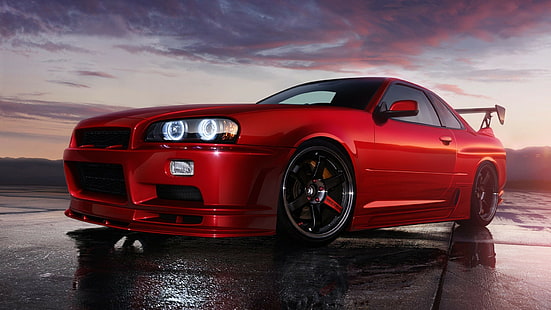 Skyline R34, รถสีแดง, ยานพาหนะ, รถยนต์, JDM, วอลล์เปเปอร์ HD HD wallpaper