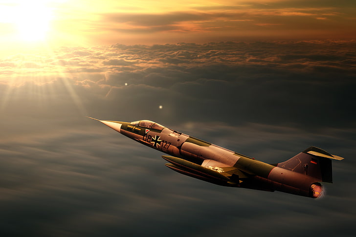 gray and black fighter plane, sunset, interceptor, f104, jet, starfighter, HD wallpaper