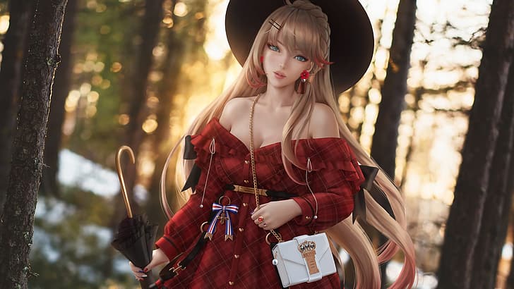 Howe (Azur Lane), Azur Lane, video games, anime, anime girls, blonde, bangs, hair pins, braided hair, long hair, looking at viewer, women with hats, casual, dress, red dress, purses, umbrella, forest, trees, depth of field, snow, bare shoulders, portrait, cleavage, artwork, drawing, digital art, illustration, fan art, Wickellia, HD wallpaper