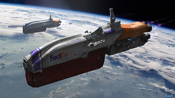 white and red spaceship illustration, spaceship, Fedex, space, sky, humor, digital art, science fiction, HD wallpaper