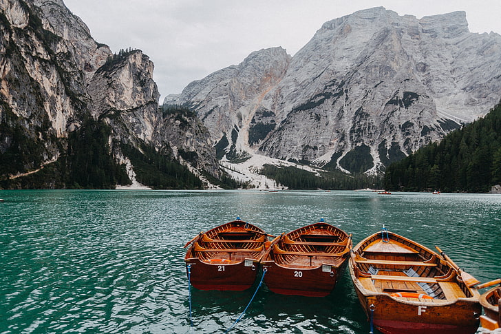 three brown wooden boats, boats, mountains, lake, HD wallpaper