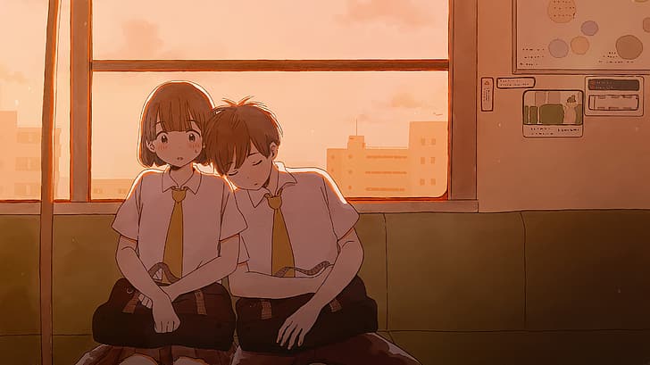 couple, anime couple, train, HD wallpaper