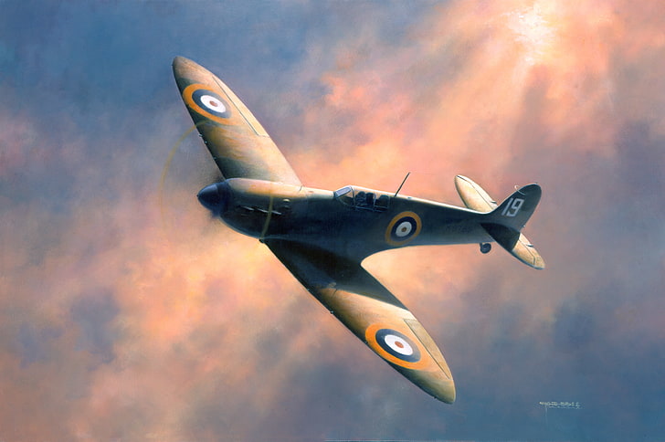 空、飛行、第二次世界大戦、スピットファイア絵画、 HDデスクトップの壁紙