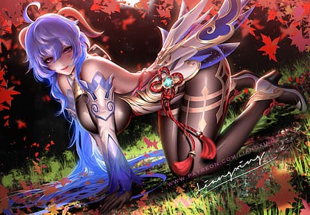 Anime Mädchen, Genshin Impact, Ganyu (Genshin Impact), Liang-Xing, blaues Haar, gebückt, Body, Hörner, HD-Hintergrundbild HD wallpaper