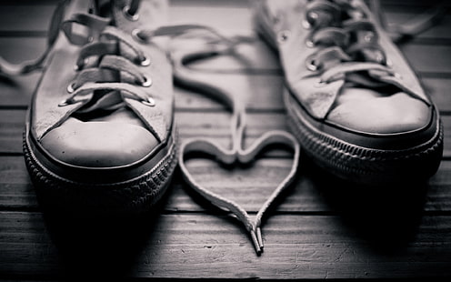 pair of grey shoes, shoes, shoe laces, black white, sepia, mood, HD wallpaper HD wallpaper