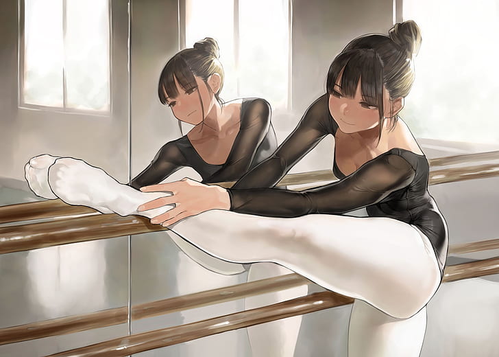 gadis anime, anime, refleksi, kaki, balerina, cermin, melengkung, Wallpaper HD