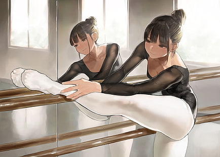 anime meninas, anime, reflexão, pernas, bailarina, espelho, curvilíneas, HD papel de parede HD wallpaper