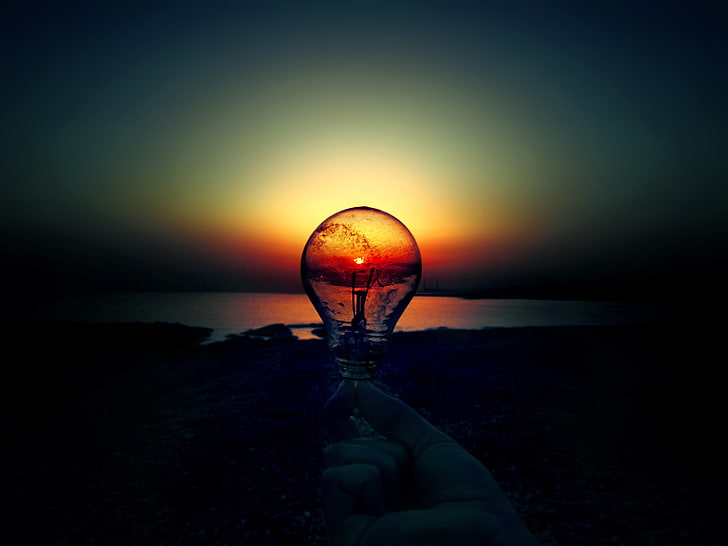 clear glass container, light bulb, the sun, sunset, dawn, HD wallpaper