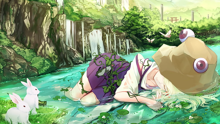 female witch lying on stream waters facing two white rabbits wallpaper, Touhou, HD wallpaper