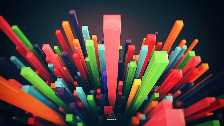 poligon, 4k, wallpaper HD, 3d, kubus, hijau, oranye, biru, Wallpaper HD