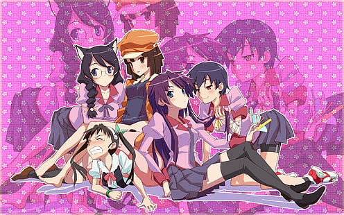 anime, serie Monogatari, Kanbaru Suruga, Hanekawa Tsubasa, Sengoku Nadeko, Hachikuji Mayoi, Senjougahara Hitagi, Sfondo HD HD wallpaper