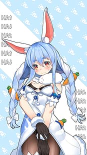 Usada Pekora, VTubers, Virtual Youtuber, kostium króliczka, dziewczyna króliczka, uszy królika, Hololive, sztuka cyfrowa, marchewka, anime, dziewczyny anime, Tapety HD HD wallpaper