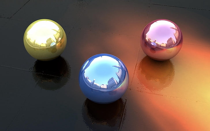three assorted-color balls, balls, form, reflection, HD wallpaper