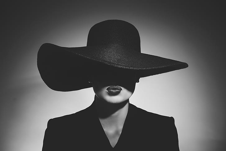 estilo, retro, blanco y negro, sombra, iluminación, labios, sombrero, negro, vintage, Fondo de pantalla HD