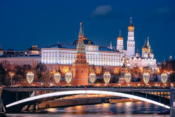 bridge, river, the building, tower, Moscow, temple, Russia, illumination, The Moscow river, Cathedral of the Archangel, Ivan The Great Bell Tower, Big Krasnokholmsky bridge, The Moscow Kremlin, The Grand Kremlin Palace, Anastasia Of Manurewa, Vodovzvodnaya tower, HD wallpaper