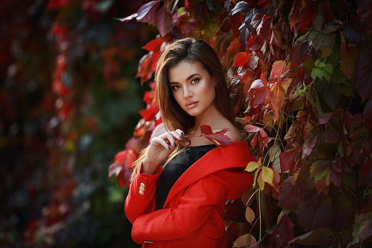 women, portrait, Dmitry Arhar, painted nails, depth of field, red coat, Anastasia Barmina, Ksenia, open coat, HD wallpaper