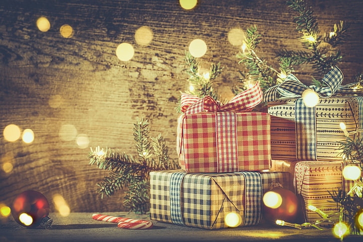 Pintura de regalos de navidad, año nuevo, navidad, vintage, bolas, feliz navidad, decoración, regalos, navidad, abeto, Fondo de pantalla HD