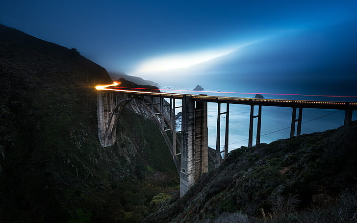 alam, lanskap, jalur cahaya, jembatan, matahari terbenam, laut, biru, pegunungan, pantai, California, Wallpaper HD