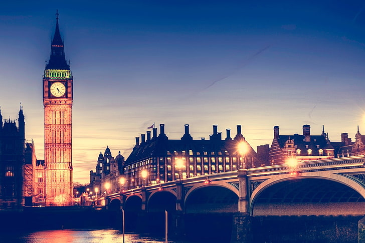 ساعة بيغ بن ، لندن ، الليل ، لندن ، النهر ، الجسر ، وستمنستر ، أضواء المدينة ، ساعة بيج بن، خلفية HD