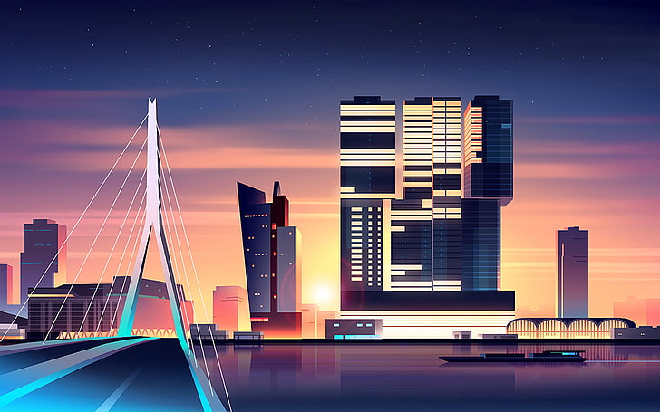 ilustrasi bangunan beton, jembatan dekat seni bangunan, malam, lanskap kota, berwarna-warni, Wallpaper HD