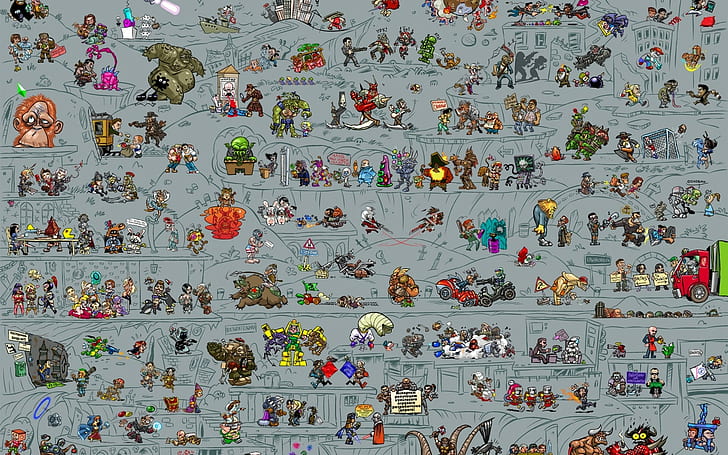 Silent Hill, Team Fortress 2, Day of Tentacle, video game, Companion Cube, Heavy (TF2), Pyramid Head, Cthulhu, NIM, bomberman, Mega Man, Portal (game), Fallout, Pac-Man, Solid Snake, tentakel, Grim Fandango, Space Invaders, Wallpaper HD