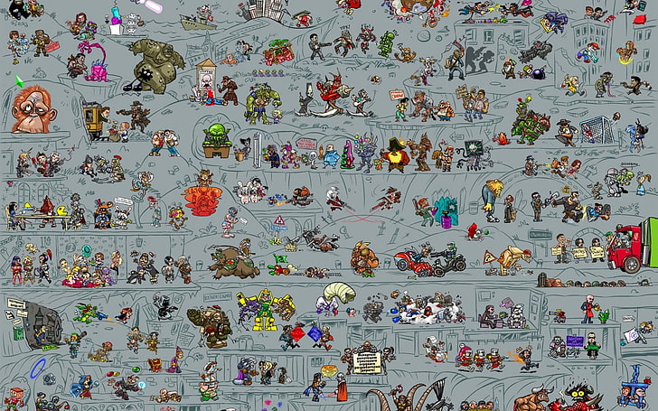 ilustracja czerwono-zielonej ciężarówki, gry wideo, NIM, Cthulhu, Grim Fandango, macki, Day of the Tentacle, Fallout, Companion Cube, Portal (gra), Pac-Man, Silent Hill, Pyramid Head, The Sims, Space Invaders, bombowiec , Team Fortress 2, Heavy (TF2), Solid Snake, Mega Man, Tapety HD