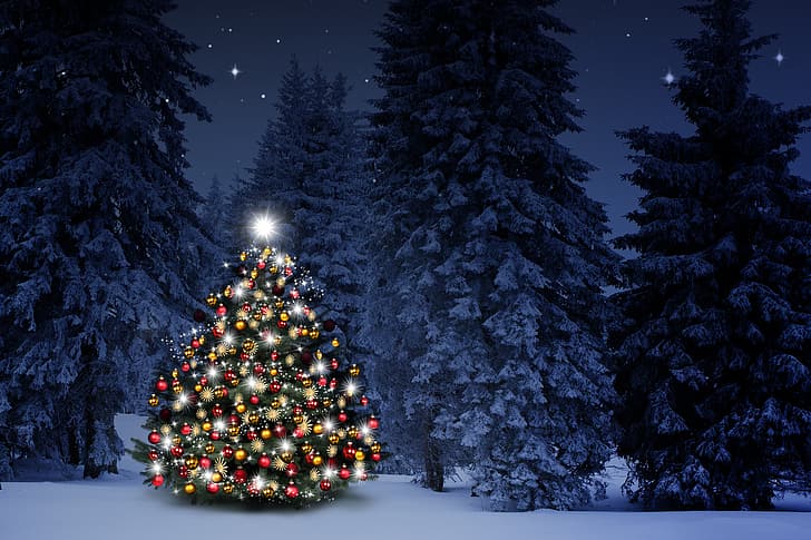 musim dingin, salju, dekorasi, kepingan salju, bola, pohon, Tahun Baru, Natal, bahagia, malam, Selamat Natal, Xmas, pohon Natal, Wallpaper HD