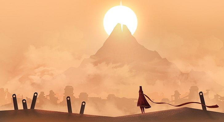 Journey (game), vector, landscape, mountains, Sun, HD wallpaper