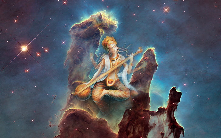 Hindu-Gottheit Tapete, Saraswati, indische Göttin, Göttin des Wissens, Säulen der Schöpfung, HD, HD-Hintergrundbild