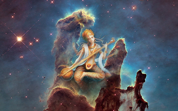 Сарасвати, Индийская Богиня, Столпы Творения, Богиня Знаний, HD обои