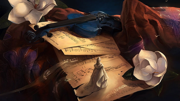 blaue hölzerne Violine, Violine, Grafik, digitale Kunst, Blumen, Musiknoten, Musikinstrument, HD-Hintergrundbild