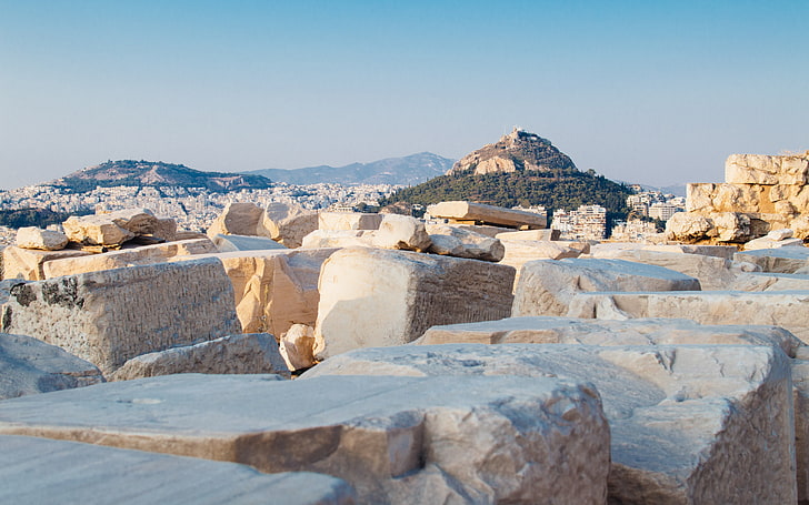 rochas marrons, Grécia, Lycabettus, Atenas, colinas, acrópole, paisagem, paisagem urbana, ruína, rocha, mármore, Europa, céu claro, HD papel de parede