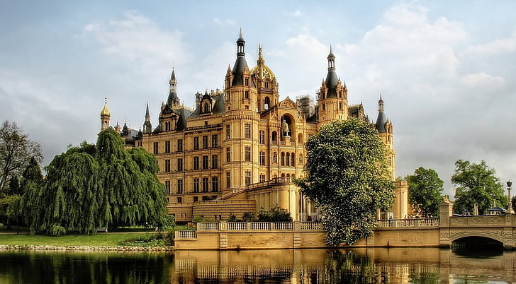 Istana, Istana Schwerin, Arsitektur, Bangunan, Jerman, HDR, Pohon, Wallpaper HD