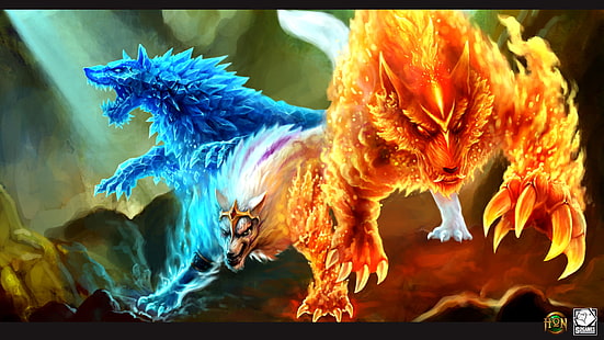 Heroes of Newerth characters, ice, fire, wolf, hon, Heroes of Newerth, Gemini, HD wallpaper HD wallpaper