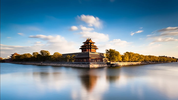 green trees, water, Beijing, China, Asian architecture, reflection, calm, building, architecture, old building, HD wallpaper