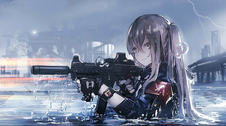 weapon, anime girls, long hair, gun, water, anime, HK UMP, gloves, HD wallpaper