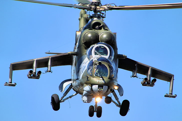 blue and black helicopter, mi-24, helicopter, sky, HD wallpaper