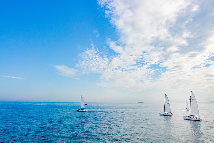 four white sailboats, sea, sailing ship, sky, water, HD wallpaper
