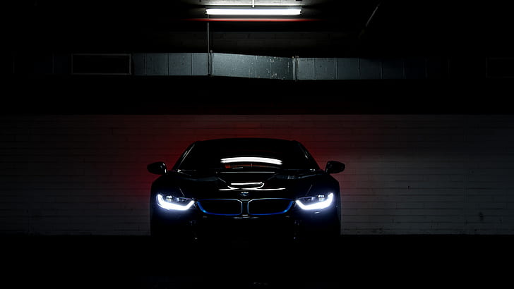 BMW i8, automóvil, vehículo, estacionamiento, luces, automóvil eléctrico, Fondo de pantalla HD