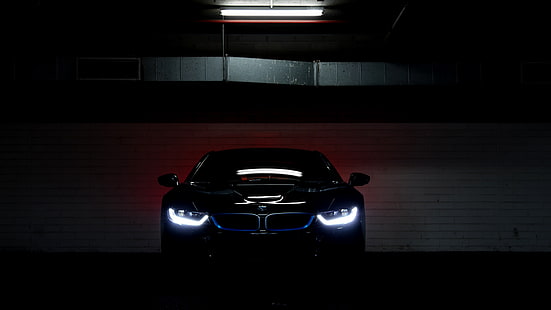 BMW i8, кола, превозно средство, паркинг, светлини, електрическа кола, HD тапет HD wallpaper