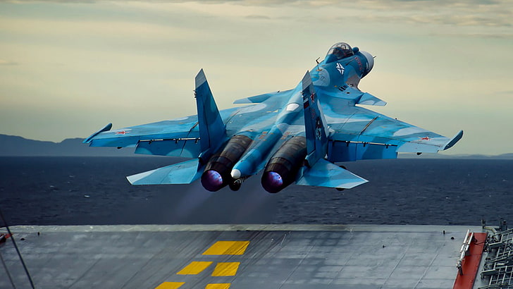 серо-синий реактивный самолет, авианосец, взлет, Сухой, Су-33, ВМФ, Фланкер-Д, российский авианосец четвертого поколения, HD обои