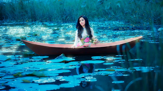 bateau, art fantastique, asiatique, femmes en plein air, modèle, femmes, Fond d'écran HD HD wallpaper