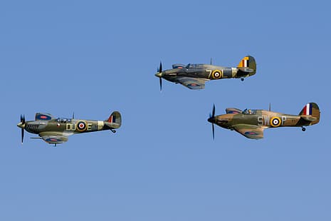เครื่องบินขับไล่, Spitfire, Hawker Hurricane, Hurricane, Supermarine Spitfire, RAF, สงครามโลกครั้งที่สอง, วอลล์เปเปอร์ HD HD wallpaper
