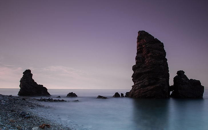 black rock formation, beach, rock, water, nature, HD wallpaper
