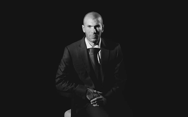 Zinedine Zidane Black and White, man in black formal suit, france, french, star, soccer, HD wallpaper
