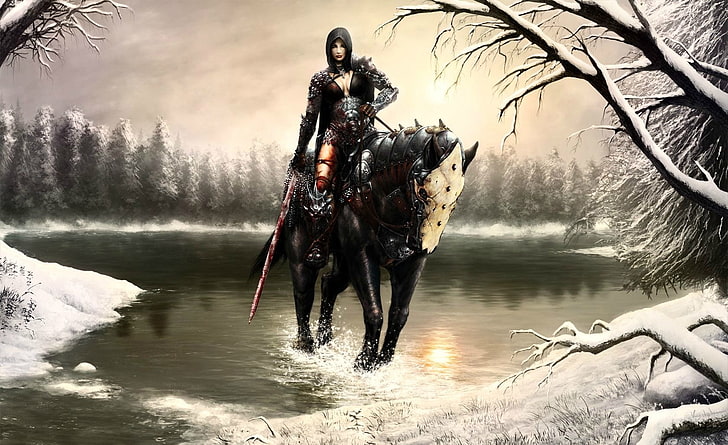 man horseback while holding sword painting, Fantasy, Women Warrior, HD wallpaper