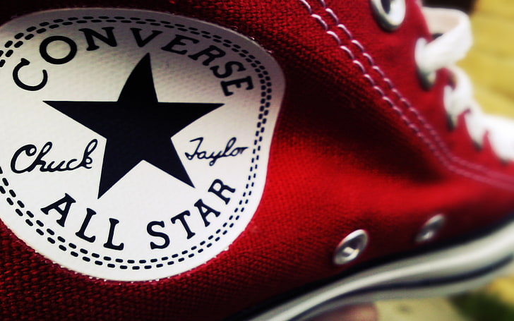 close-up photography of red and white Converse All-Star Chuck Taylor shoe, logo, Red, Star, converse, fabric, HD wallpaper