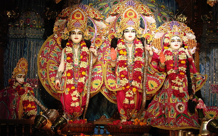 Señor Rama con Sita y Lakshmana, guirnaldas rojas y amarillas, Dios, Señor Ram, señor, sita, Fondo de pantalla HD