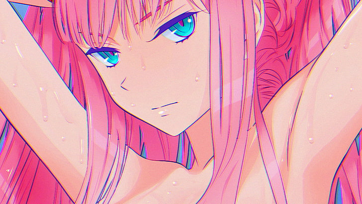 anime, anime girls, artwork, simple, background sederhana, DubstepGutter, digital, digital art, pink, Zero, Zero Two (Darling in the FranXX), Kode: 002, Darling in the FranXX, Wallpaper HD